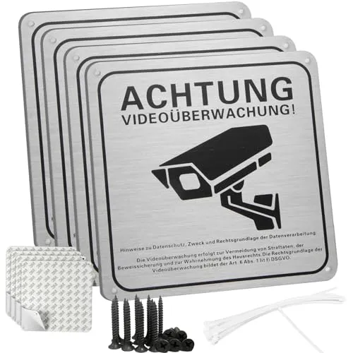 Sign 4 Stück Achtung Videoüberwachung Schild Privatgrundstück mit DSGVO Hinweis,Schilder Aufkleber Videoüberwachung,15x15cm,100% Alu,Selbstklebend und 4 Bohrlöcher,für Außen