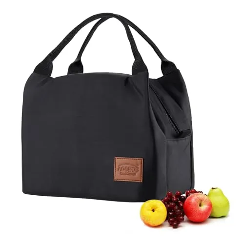 AOSBOS Kühltasche Klein Lunchtasche Herren Isoliertasche Leicht Lunch Bag zur Arbeit Schule Faltbar Meal Prep Tasche Wasserdicht Frühstückstasche Lunchbox Tasche Reißverschluss 8,5L Schwarz