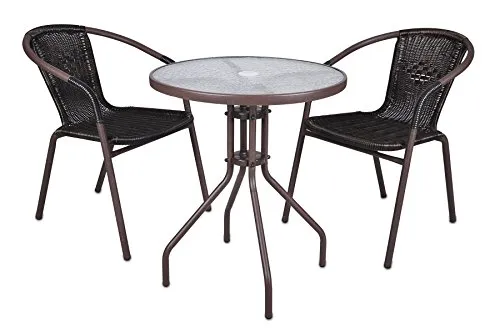 Nexos Bistroset – 1 Glastisch & 2 Stühle – Stahlgestell Poly-Rattan Glasplatte – stapelbar – Farbe: dunkel-braun