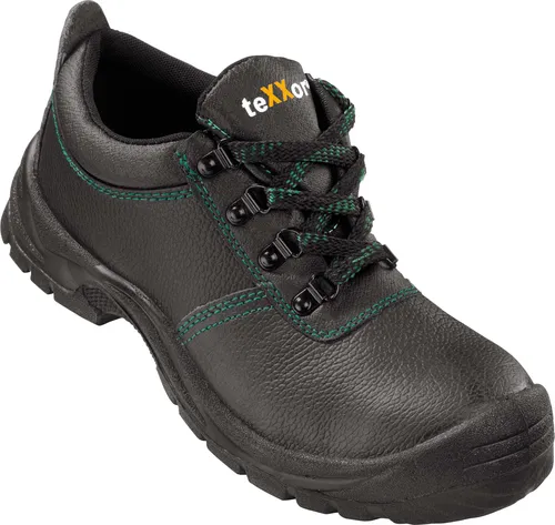 teXXor® S3-Sicherheitshalbschuhe AUXERRE - Schwarz/Grün, Größe 46 - Robuste S3-Sicherheitsschuhe aus wasserabweisendem Rindleder mit rutschfester PU-Sohle. Ideal für Bau, Industrie und Handwerk. Hoher Tragekomfort dank atmungsaktivem Funktionsfutter.