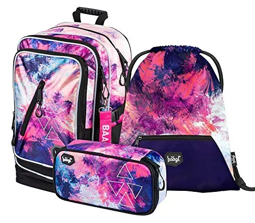 Baagl Schulrucksack Set Mädchen 3 Teilig - Ergonomischer Ranzen für die Grundschule - Schulranzen Set mit ergonomischem Design, bestehend aus Rucksack, Turnbeutel und Federmäppchen. Ideal für die 3. Klasse, bietet es optimalen Tragekomfort und ausreichend Stauraum für Schulsachen.