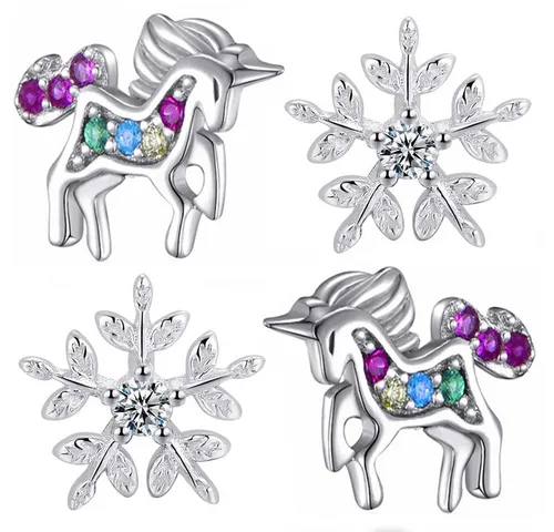 Limana Ohrstecker-Set Kinder Ohrringe 925 Sterling Silber Einhorn Pferde Stern Schneeflocke, Mädchen Kinderohrringe Geschenk Geschenkidee