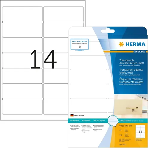 HERMA 8671 Wetterfeste Folien-Etiketten DIN A4 transparent 99,1 x 38,1 mm