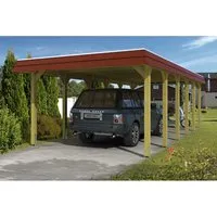 Skan Holz Walmdach-Carport Spreewald 396 cm x 893 cm - Robuster Einzelcarport aus imprägniertem Holz mit 12 stabilen Pfosten, idealer Schutz für Ihr Fahrzeug und witterungsbeständig dank leichter Dachkonstruktion.