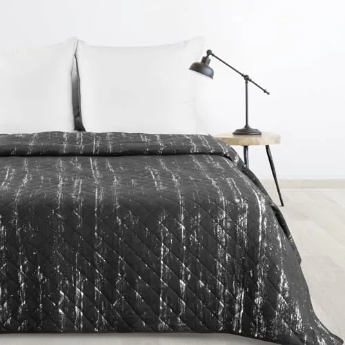 Design91 Tagesdecke mit Marmor-Muster in Graphit und Silber, 200 x 220 cm, dekorativer Bettüberwurf für Doppelbett