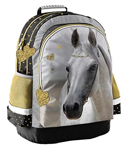 Ragusa-Trade Pferde Fan Rucksack Kinderrucksack für Jungen und Mädchen (19H-116) mit DREI größen Fächern und seitlichen Getränkenetzn, 42 x 29 x 17 cm, anthrazit/grau/Gold