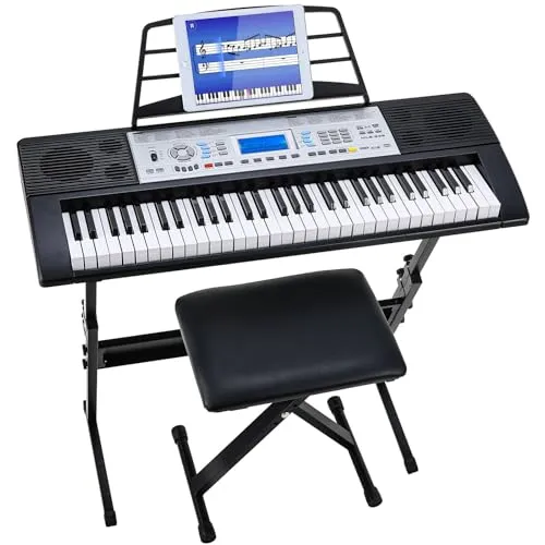 MAMIZO 61 Tasten Keyboard Piano Kit mit Ständer & Hocker,Digital Keyboard für Anfänger, Keyboard Kinder, E Piano mit 300 Klänge, 3-Stufen-Lehrmodus, LCD-Display, Notenständer