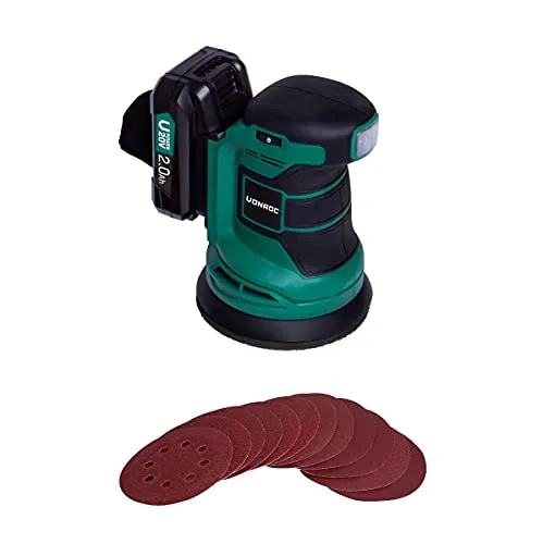 VONROC Exzenterschleifer Akku, Schleifmaschine - Handschleifer mit Staubbehälter 20V mit 2Ah Akku und Ladegerät, 125mm, 10.000/min - inkl. 12 Schleifpapier