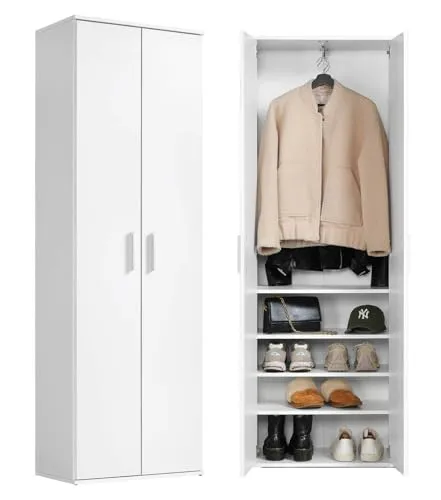 mokebo Mehrzweckschrank Der Lange (mit Kleiderstange) in Weiß - Drohnen Aufbewahrungsschrank mit 2 Türen und 4 variabel einsetzbaren Einlegeböden, ideal für eine umweltschonende und nachhaltige Lagerung.