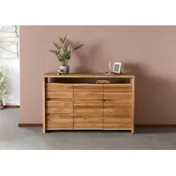 Sideboard Wildeiche 150x45x96 natur geölt – PURE OAK #104 - Massives Sideboard aus Wildeiche mit offener Ablage, Schubladen und geschlossenen Fächern. Die natürliche Baumkante und spannende Maserung setzen Akzente in jedem Raum. Jetzt die PURE OAK Serie entdecken!
