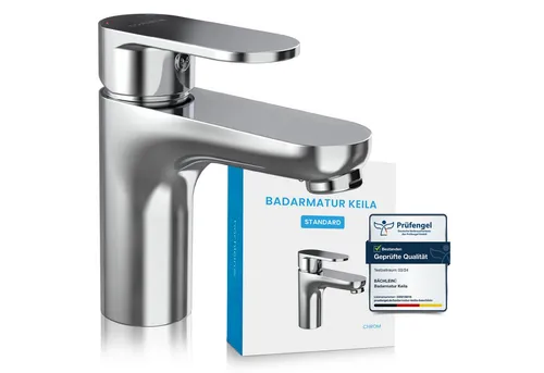 Bächlein Badarmatur Keila: Klassischer Einhebelmischer mit Keramikkartusche - Waschtischarmaturen – langlebige Keramikkartusche für seidenweiches Öffnen und Schließen, inklusive Montage-Set und DVGW-geprüften Anschlussschläuchen.