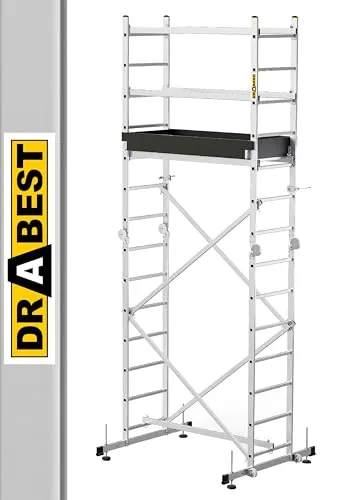 DRABEST Hector PRO - Leiter - Gerüst - Klappleiter - Aluminiumleiter - Leitergerüst - Max. Arbeitshöhe 4,73 m - Mehrzweckleiter - Trittleiter, Baugerüst, für Garten, Haushalt, BAU - Aluminium - Mobil
