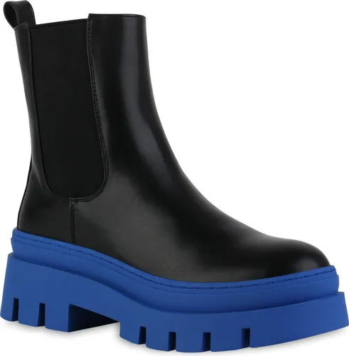 VAN HILL Damen Plateau Boots Stiefeletten mit Blockabsatz – Schwarz Blau, Größe 41
