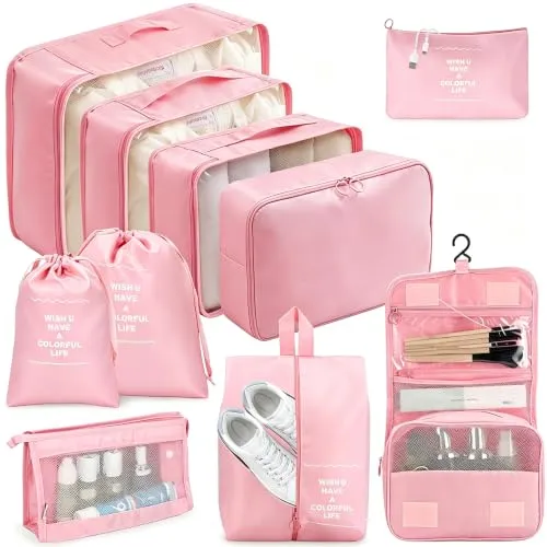 10-Teilige Koffer Organizer, Packing Cubes, Kofferorganizer Wasserdichte, Packwürfel, mit Packtaschen, Kleidertaschen, Kosmetiktasche, Schuhbeutel, Organizer Koffer (Rosa)