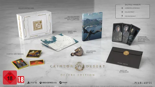 Crimson Desert Deluxe Edition für PS5 - Steelbook & Neu - Erlebe die SteelBook Edition von Crimson Desert für PS5. Action & Abenteuer in einer einzigartigen Welt. Physische Blu-ray, USK 18, mit umfangreichen Untertiteln und ohne Regionalsperre.