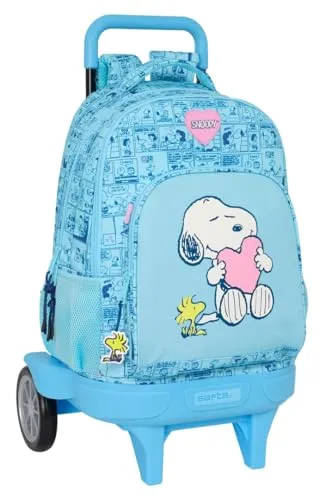 SNOOPY LOVE Großer Rucksack mit Rädern, kompakt, abnehmbar, ideal für Kinder verschiedener Altersgruppen, bequem und vielseitig, Qualität und Widerstandsfähigkeit, 33 x 22 x 45 cm, hellblau, M, Casual