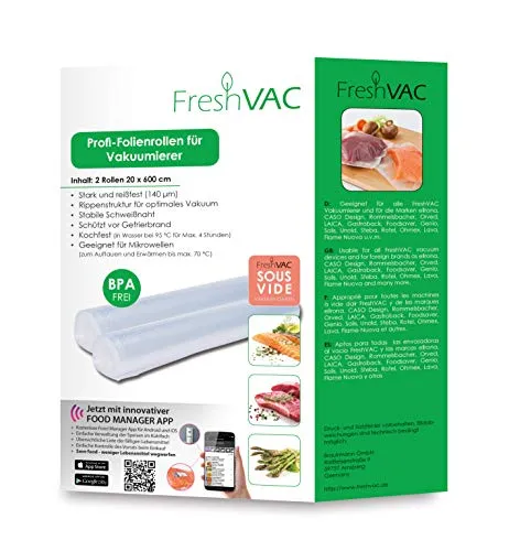 FreshVac Folienrollen 20x600 cm, 2 Stück für Ihren Vakuumierer, starke & reißfeste Vakuumbeutel (Materialstärke ca. 140 µm), BPA-frei, ideal für SousVide Garen