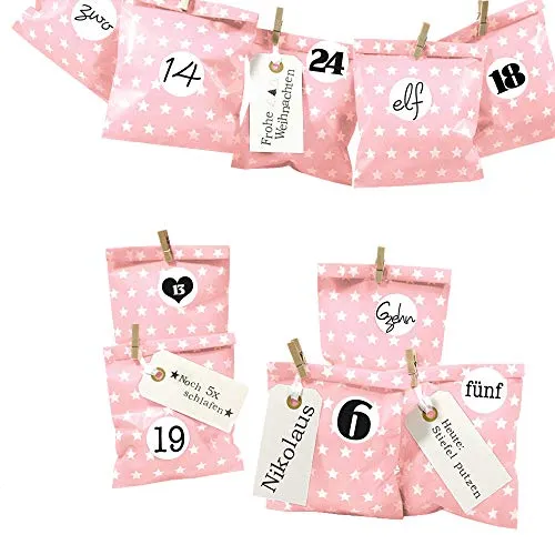 Frau WUNDERVoll® DIY Adventskalender zum Befüllen Bescherung: Set Stern 107, Papiertueten flach 13x16,5cm, rosa Stern, Ziffern schwarz-weiß