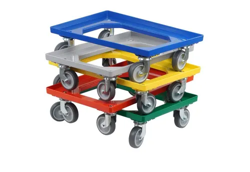 Transportroller Typ C für Kisten 600x400 mm - 5er Set in Farben - Transportroller für Kisten 600x400 mm, 4 Lenkrollen für mühelosen Transport in Logistik und Einzelhandel. Robuste Konstruktion und leicht zu reinigen, ideal für intensive Nutzung.