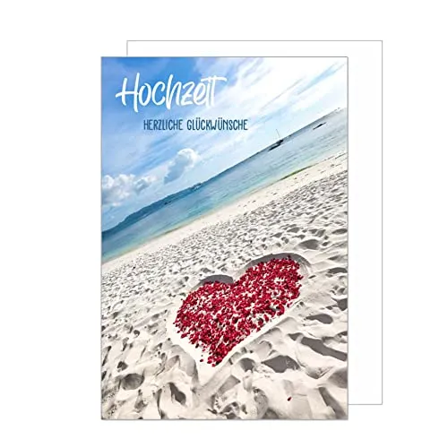 Edition Seidel Premium Glückwunschkarte zur Hochzeit mit Umschlag. Karte Hochzeitskarte Grusskarte rote Rosendekoration Herz Strand Strandhochzeit (H443 SW022)