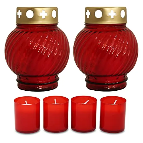 OLShop AG 2er Pack Glas Grablampen rot und Deckel inkl. 4er Pack Ersatzbrenner Nr. 2, Grablicht, Grabkerze, Grableuchte, Grablaterne, Grabschmuck, Trauerlicht