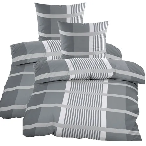 Biber Bettwäsche 135x200 cm | 4tlg. | Winter Garnitur | 100% Baumwolle | mit Reißverschluss | Anthrazit Grau gestreift