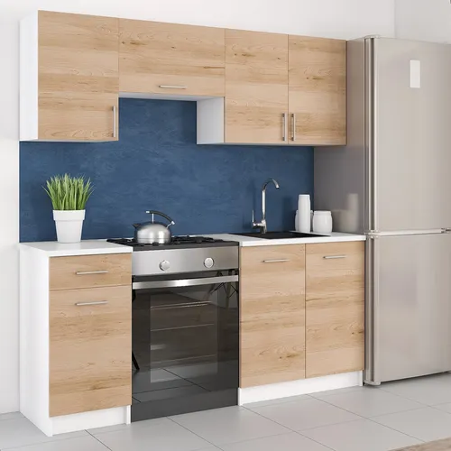 roe furniture Küchenzeile Eiche Artisan - Kompakte 1,8 m Küchenzeile aus Holzwerkstoff, ideal für kleine Wohnungen. Elegante Kombination aus Holzdekor und Weiß, erweiterbar mit Zubehör.