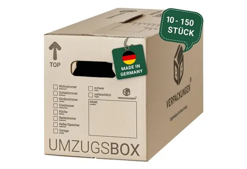 BB-Verpackungen Umzugskarton UMZUGSBOX - Stabil und Tragfähig - Umzugskarton aus 100% recycelter Pappe, 40 kg Traglast, einfach aufzubauen, ideal für sicheres Stapeln und Beschriften beim Umzug.