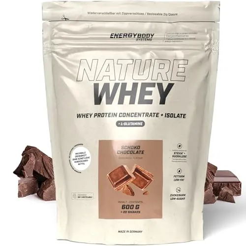 Energybody Nature Whey Protein Isolate & Concentrate 600g - Schokoladengeschmack - Zucker- und fettarmes Molkenproteinpulver für eine proteinreiche Mahlzeit. Ideal für Fitness-Liebhaber, hergestellt in Deutschland und ohne künstliche Verdickungsmittel.