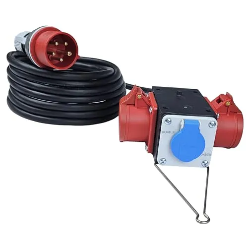 RoadEu - Stromverteiler mit CEE und Schuko Ausgänge - 380V und 230V Baustromverteiler 16A - Mobilverteiler, Gummikabel 10 Meter - 5-poliger CEE-Stecker und Dosen Energieverteiler