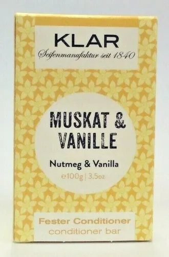 Klar Seifen fester Conditioner Muskat & Vanille 100g - Duschgel & Seifen, veganer Conditioner für normales Haar mit sinnlichem Aroma von Vanille und Muskat, verbessert die Kämmbarkeit und in plastikfreier Verpackung.