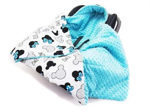 Welt der Träume Doppelseitige Einschlagdecke für Babyschale Autokindersitz Buggy Kinderwagen 90x90cm - universal Baby Decke (z.B. Maxi-Cosi/Cybex/Römer) (Auto Einschlagdecke - Miki Weiss -Minky blau)