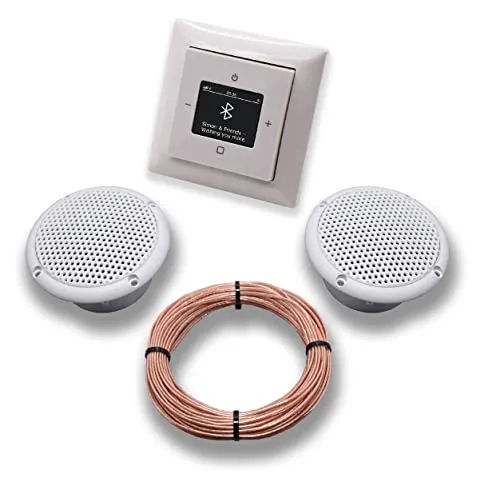 Busch Jäger DAB+ Bluetooth Unterputz Unterputzradio DAB BT 8217 U – 101 alpinweiß Komplettset Balance SI + 2 x Deckenlautsprecher Feuchtraum Badezimmer + 20 m Lautsprecherkabel 2x0,75 mm² 8217U-101