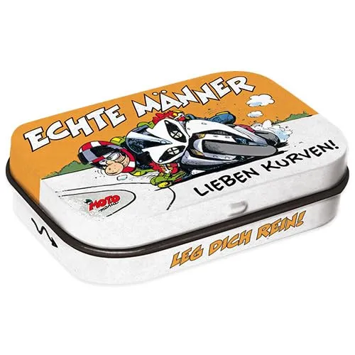 Nostalgic-Art Retro Pillendose, 4 x 6 x 1,6 cm, MOTOmania – Echte Männer lieben Kurven! – Geschenk-Idee für Biker, Original Lizenzprodukt (OLP), mit Pfefferminz-Dragees, Vintage Design