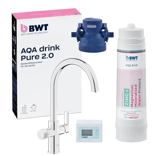 BWT Wasserfilter AQA drink Pure 2.0 Filtert Kalk, Chlor & Schwermetalle – Untertisch Trinkwasserfilter System inklusive Armatur – Mineralisierung mit Zink und Magnesium (Zink+MP200)