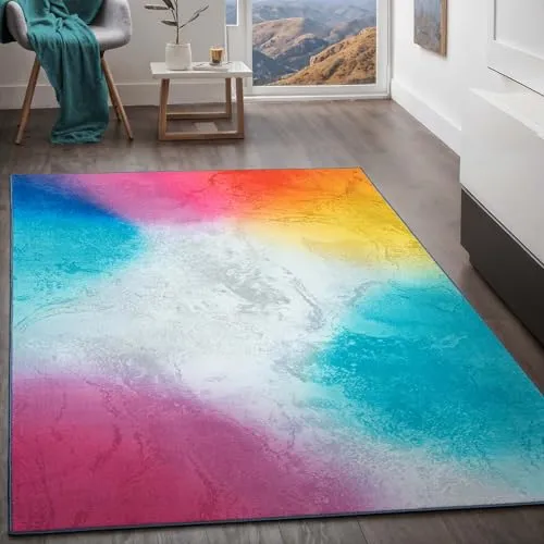 Teppich Kurzflorteppich, Wohnzimmerteppich aus Polyester in regenbogenfarben, graffiti absolut Modern fürs Wohnzimmer, Schlafzimmer, Kinderzimmer und Jugendzimmer Marmor multi bunt 80x150 cm