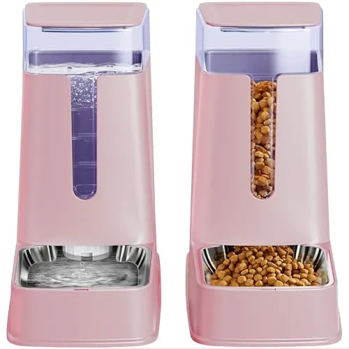 Katzennahrungsspender und Katzentränkespender Set mit Edelstahlschalen Schwerkraft Hundefutter für kleine mittlere große Katze Hund Haustier Welpe Kätzchen, 3,8 l x 2