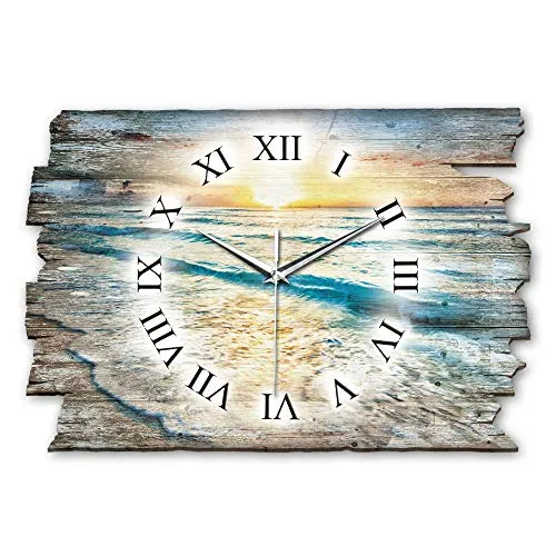 Kreative Feder Designer Wanduhr aus Holz Größe 40x27cm - Funkuhr im Landhaus-Stil Shabby-Style Made in Germany leise ohne Ticken (Sonnenuntergang am Meer, leises Funkuhrwerk)