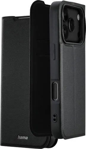 Hama Handyhülle Daily Protect für iPhone 17 Pro - Flip Case in Schwarz - Taschen Smartphones & Handys. Schützt Display und Kamera mit erhöhten Kanten, bietet eine Standfunktion und verfügt über 2 Kartenfächer für praktischen Alltagseinsatz.