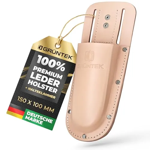 GRÜNTEK Premium Gartenscheren-Holster, Hochwertiges naturbraunes Echt-Leder, sicherer Halt, Gürtelschlaufe, Starke Halteklammer, Werkzeug-Halter für Garten-Scheren, Etui, Halfter, Halterung