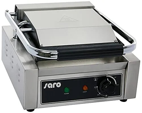Saro Elektro-Kontaktgrill Modell PG 1 Profi Grillplatte - Sandwichmaker aus hochwertigem Edelstahl mit gerillter Gusseisen-Grillplatte, ideal für gleichmäßige Hitzeverteilung und perfekte Grillmuster, bis zu 300 °C für köstliche Steaks und Würstchen.