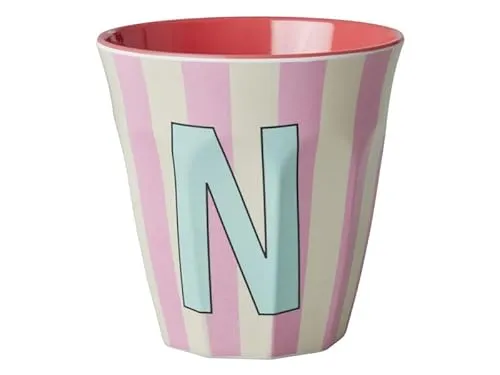 Rice Melamin Becher medium gestreift mit Buchstaben, Modell für Junge Blau-Grüntöne, Größe 9 x 9 cm (N Mädchen)