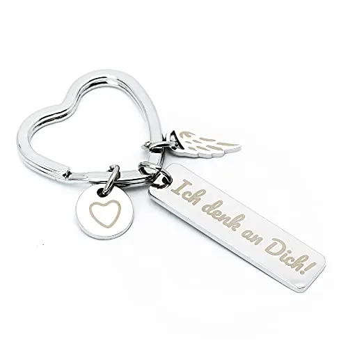 Glitzkind Herz Schlüsselanhänger »Ich denk an dich!« | Auto-Schlüssel Glücksbringer Schutzengel Engel Anhänger Geschenk zum Führerschein Geburtstag Weihnachten Frauen Freundin Mama Tochter | Silber