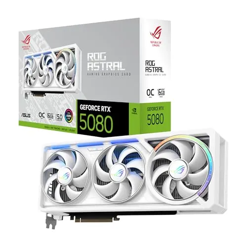 ROG Astral GeForce RTX 5080 16GB GDDR7 White OC Edition - Grafikkarte mit NVIDIA GeForce RTX 5080, bietet beeindruckende Leistung für Gaming und kreative Anwendungen, ideal für High-End Gaming-Systeme.