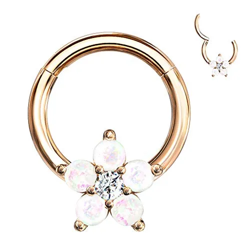 Segment Clicker Scharnier Ring Piercing Blume mit Glitzer Opal Stein Septum Tragus Helix Nase Lippe Nasenring Nasenpiercing Ohr Knorpel Rosegold