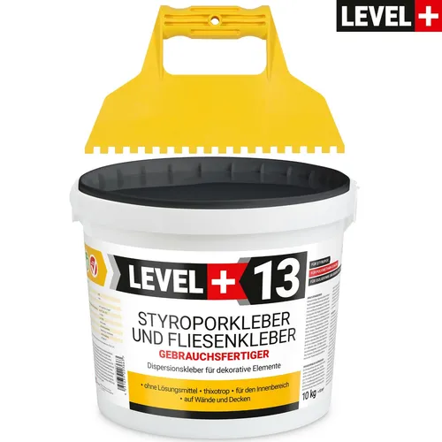 Level+ Dispersionskleber Styroporkleber L+13 - 10KG mit Zahnspachtel - Baumaterial für optimale Haftung von Styropor, ideal für kreative Dekorationen und Renovierungen.