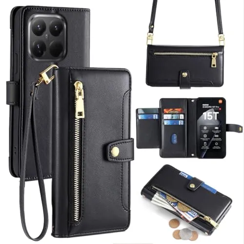 betterfon Handykette kompatibel mit Xiaomi 15T Pro | Leder Handyhülle mit Kartenfächern | Handyhülle zum Umhängen | Schwarz