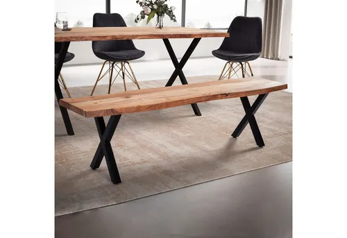 FineBuy Esszimmerbank Akazie Massivholz mit Metallbeinen - Esszimmer Sitzbank aus massivem Akazienholz mit einzigartiger Baumkante, stilvolle X-Beine aus Metall für Stabilität und modernes Ambiente, ideal für Familie und Freunde.