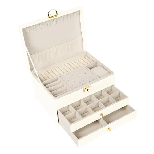 BESTIF Schmuckkästchen Schmuckbox Schmuckkasten Groß Ketten PU Leder Jewellery Box (Beige)