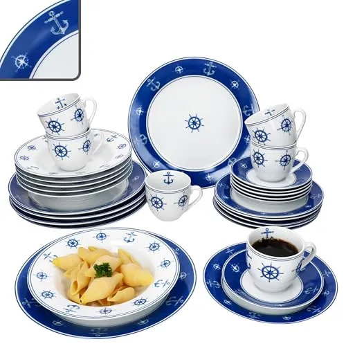 MamboCat Ahoi 30tlg Kombiservice I blau weißes Porzellan Geschirrset mit nautischem Dekor für 6 Personen I Je 6x Tassen, Untertassen, Kuchenteller, Suppenteller & Speiseteller